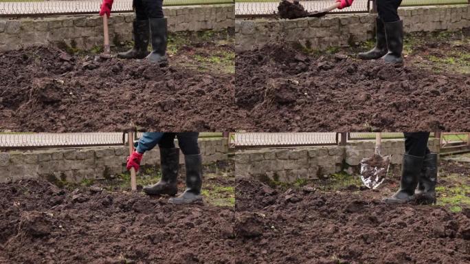 园丁耕种土地，并在花坛上准备一个凹槽，以放一层肥料，以便明年收成更好。全高清60 fps视频拍摄。