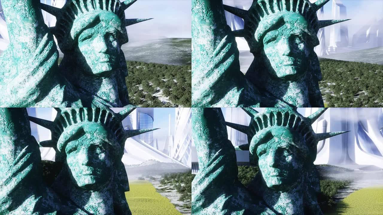 未来主义城市和自由女神像。未来概念。鸟瞰图。逼真的4k动画。