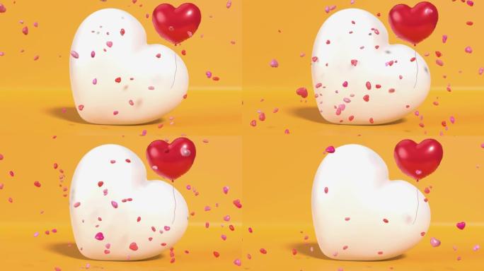 循环就绪情人节心脏以4k分辨率落在白色和红色气球心脏上