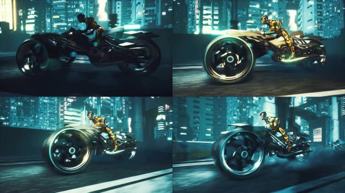 Cyborg骑着巨大的速度骑着未来的摩托车穿过夜晚网络城市的霓虹灯街道。小说，网络和科幻小说背景的动