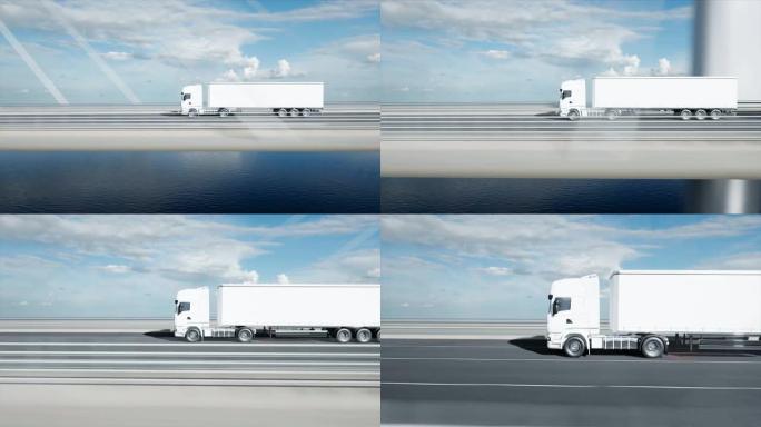 桥上白色卡车的3d模型。4k动画。
