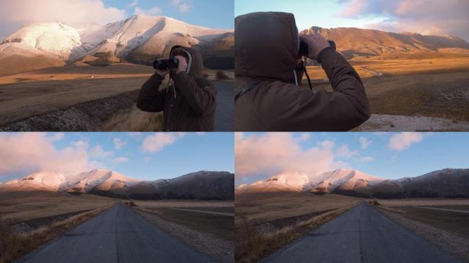 一个男人透过双筒望远镜看的3个片段，背景是山。