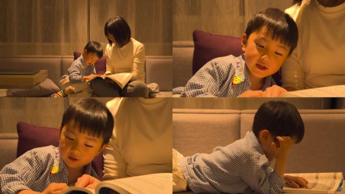 孩子和妈妈夜晚读书讲故事