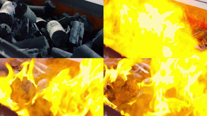 烧烤炉中燃烧的煤的特写镜头。煤在燃烧。慢动作多莉拍摄视频