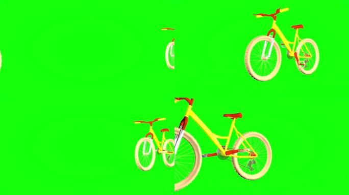 明亮的自行车，无尽的自行车交通。绿屏。3D渲染