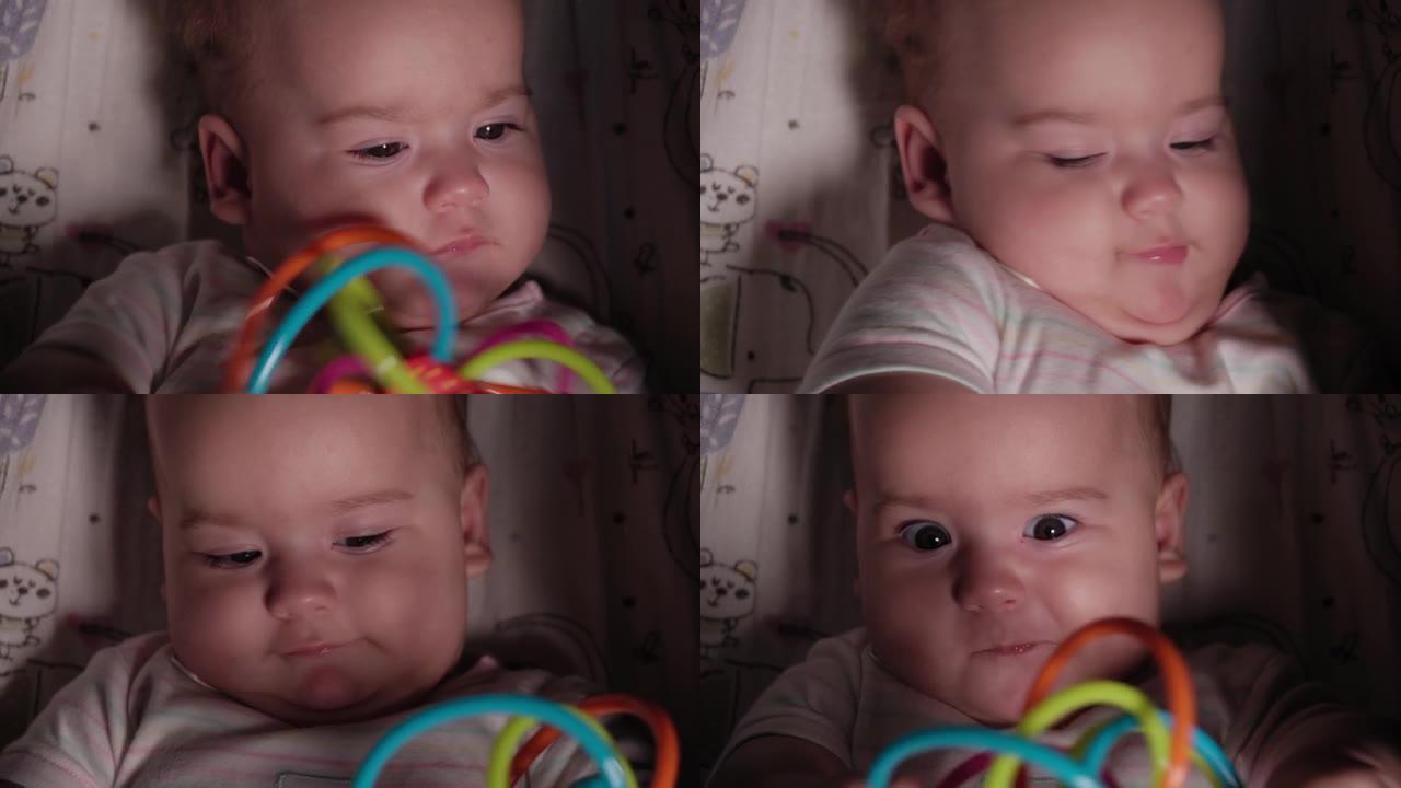 婴儿，童年，情感概念 -- 棕色眼睛胖乎乎的新生儿清醒无牙婴儿的可爱笑脸特写7个月大的婴儿看着相机躺