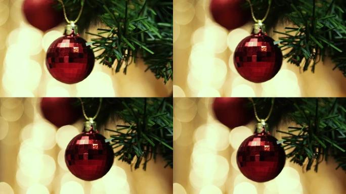 圣诞泡泡挂在松树上，圣诞概念。