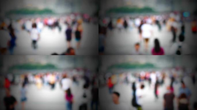 在上海外滩上行走的大量游客，4K，慢动作镜头，人满为患的行人的模糊散焦视图，老式模式。