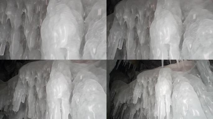 贝加尔湖上巨大的冰柱霜和天然冰川的冰块。