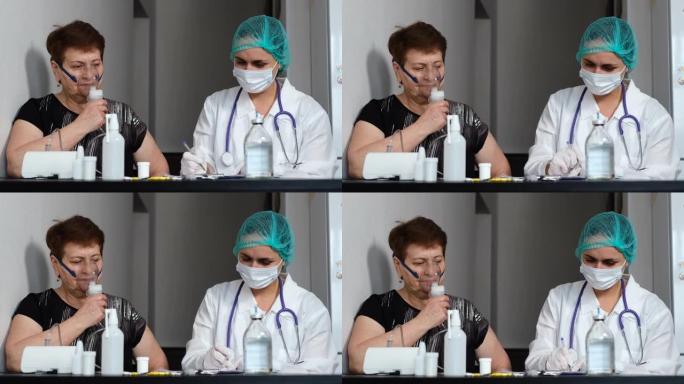 医生写笔记时使用喷雾器的女人