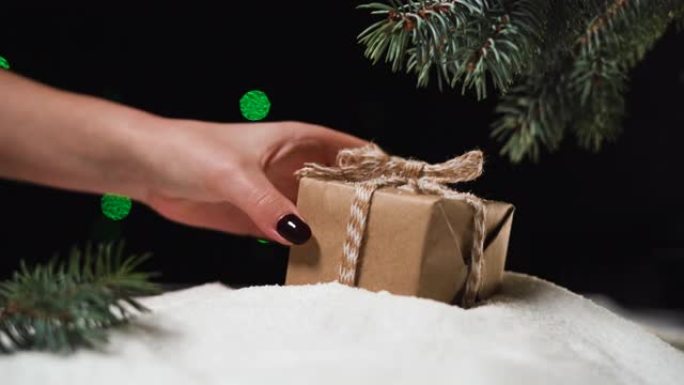 树下的雪地里躺着一个用蠕虫纸包装的盒子。一个女人的手牵着她