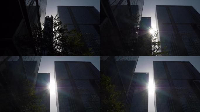 白天史诗般的太阳光杭州市办公大楼市中心慢动作全景4k中国