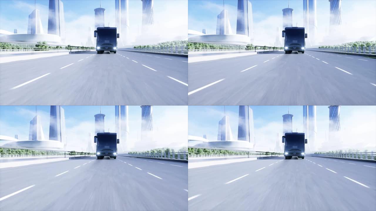 客运巴士在高速公路上非常快速行驶的3d模型。未来的城市背景。3d渲染。