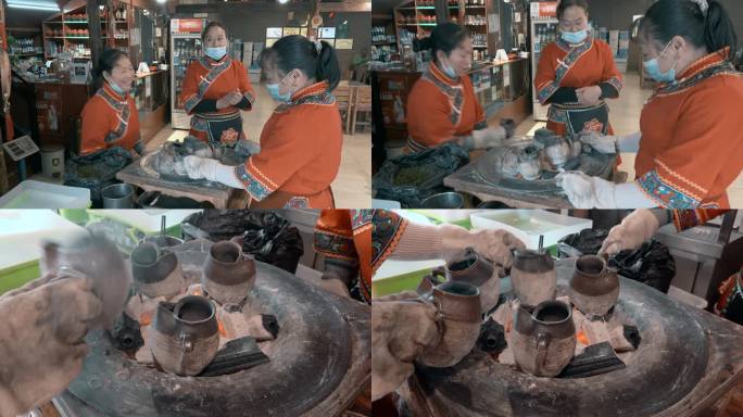 云南乡村生活视频烤茶的彝族妇女