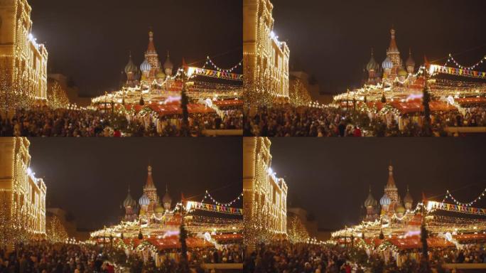 在俄罗斯莫斯科的圣诞节和新年，参观圣罗勒大教堂、红场、克里姆林宫和口香糖