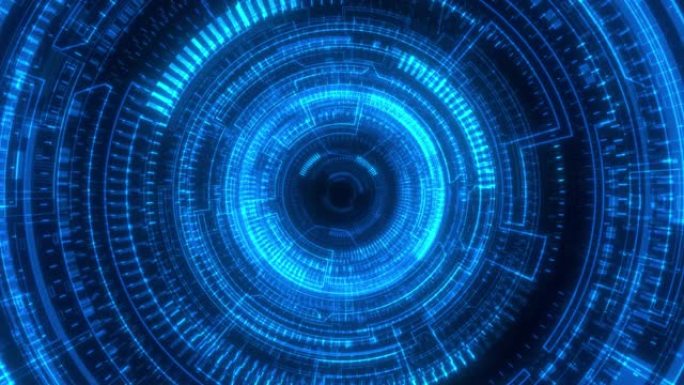 在黑色背景上带有蓝色明亮圆圈的超空间中移动。