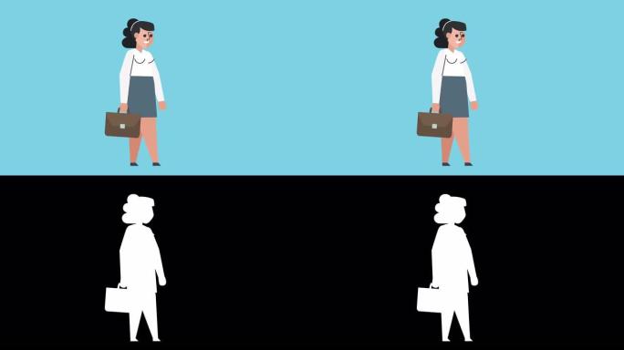 平面平面设计商务女性角色行走周期与公文包孤立循环动画