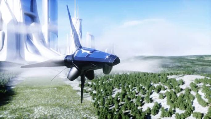未来主义宇宙飞船和自由女神像。未来概念。鸟瞰图。逼真的4k动画。