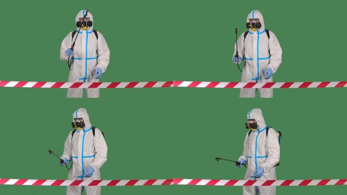 从信号带后面看，一个穿着防护服的人和一个呼吸器在围栏区域行走和消毒。隔离在绿屏色度键上。慢动作。特写