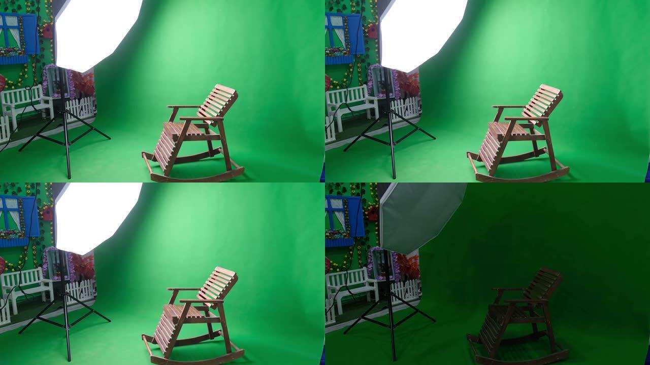 带有两个六边形工作室灯的照片或视频工作室。绿屏和固定椅子