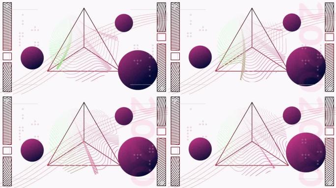 三个紫色球体在线条和抽象几何形状上移动的数字动画