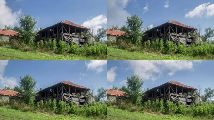 塞尔维亚Miroc山一栋废弃房屋的4k延时视频。蓝天云彩。Miroč 是塞尔维亚东部的一座山，位于D