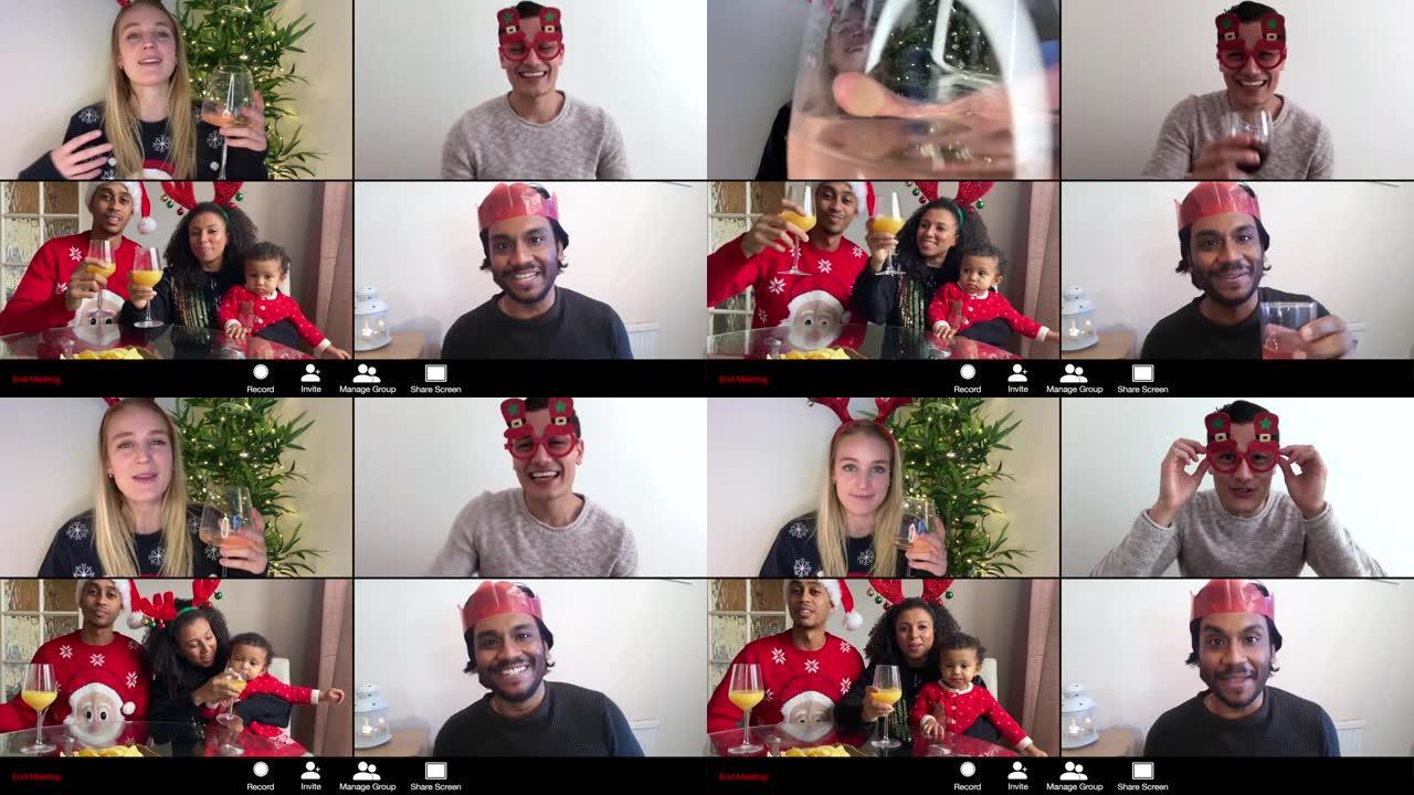 庆祝圣诞节的朋友之间的4路分屏组视频通话