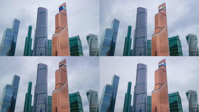 俄罗斯风暴天空现代莫斯科市屋顶全景4k延时