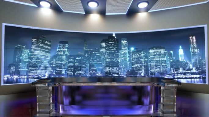 3d虚拟新闻工作室。带有夜城背景和泛光灯的播音员桌