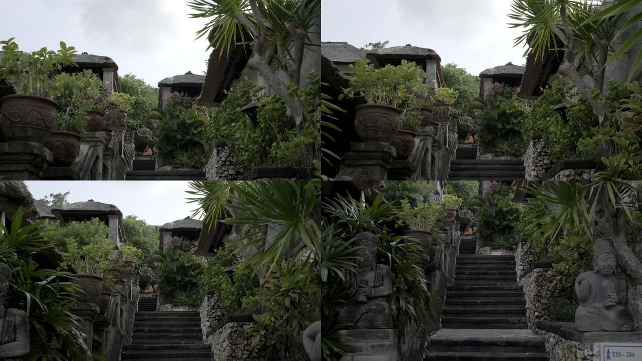 热带村寨的石梯。慢动作。