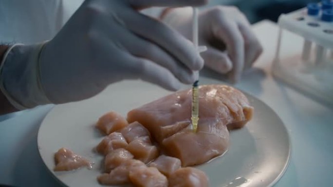 男性营养专家在实验室检测食品。实验室助理测试转基因鸡。放入化学样品和注射来测试鸡肉。转基因食品，注射