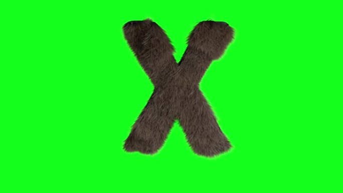 抽象多毛字母X符号蓬松毛茸茸的字母绿色屏幕色键动画3d