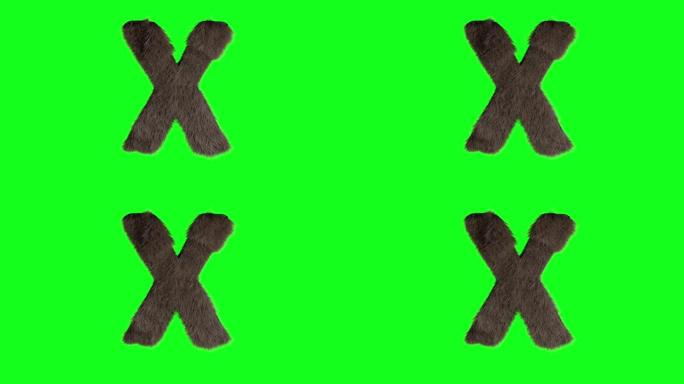 抽象多毛字母X符号蓬松毛茸茸的字母绿色屏幕色键动画3d