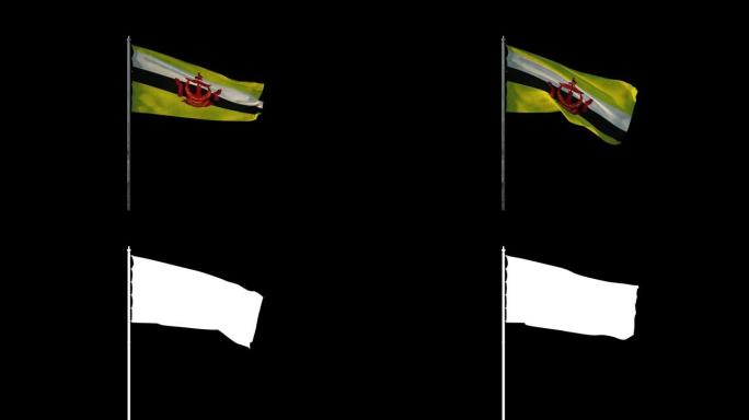 旗杆上的文莱国旗在风中挥舞，黑色无缝循环上的逼真3d动画，20秒长 (包括alpha通道)