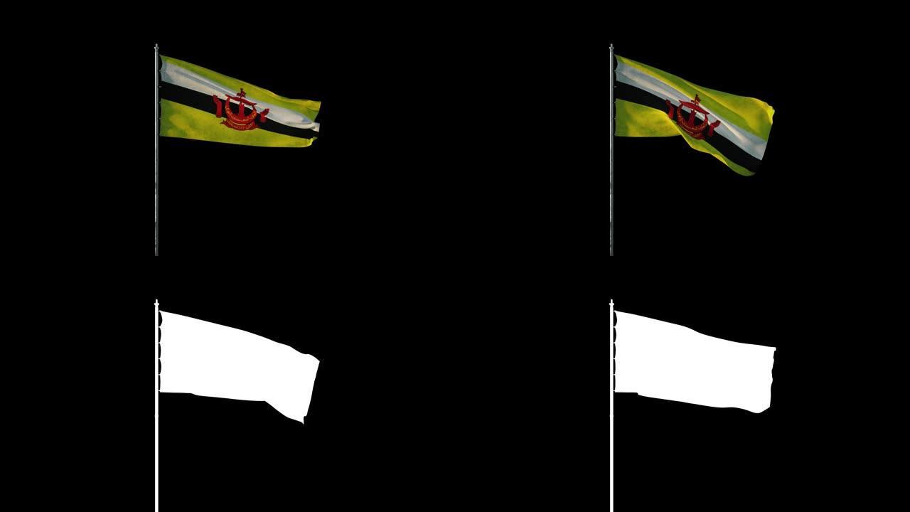 旗杆上的文莱国旗在风中挥舞，黑色无缝循环上的逼真3d动画，20秒长 (包括alpha通道)