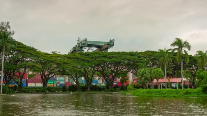新加坡城市集装箱港口公园池塘延时全景4k