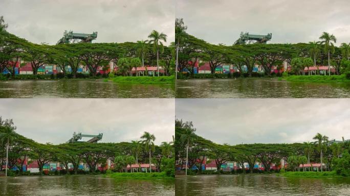 新加坡城市集装箱港口公园池塘延时全景4k