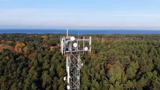 在森林和蓝天背景上鸟瞰带有移动互联网网络天线的电信塔。5g广播