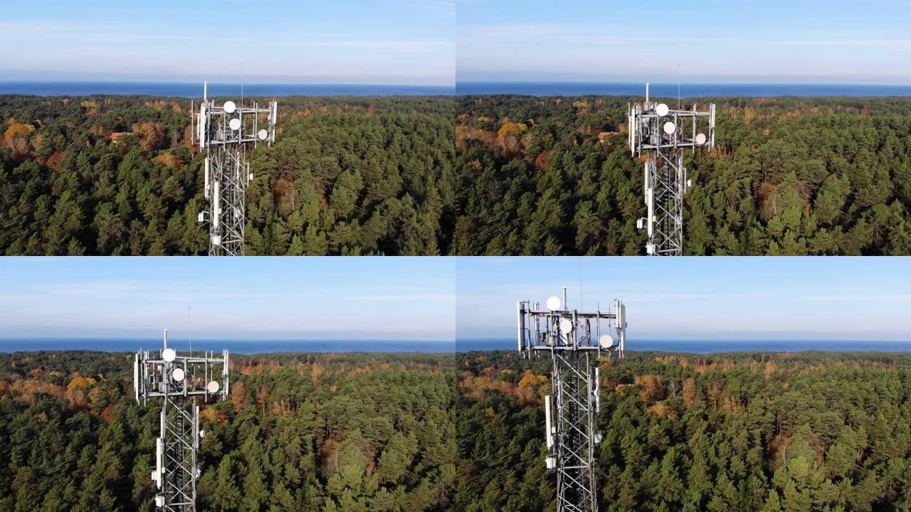 在森林和蓝天背景上鸟瞰带有移动互联网网络天线的电信塔。5g广播