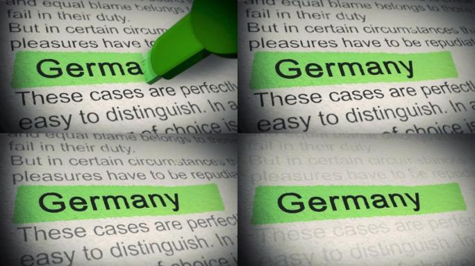 德国。荧光笔在报纸上标记单词。特写。用标记翻页和推广文本。4K