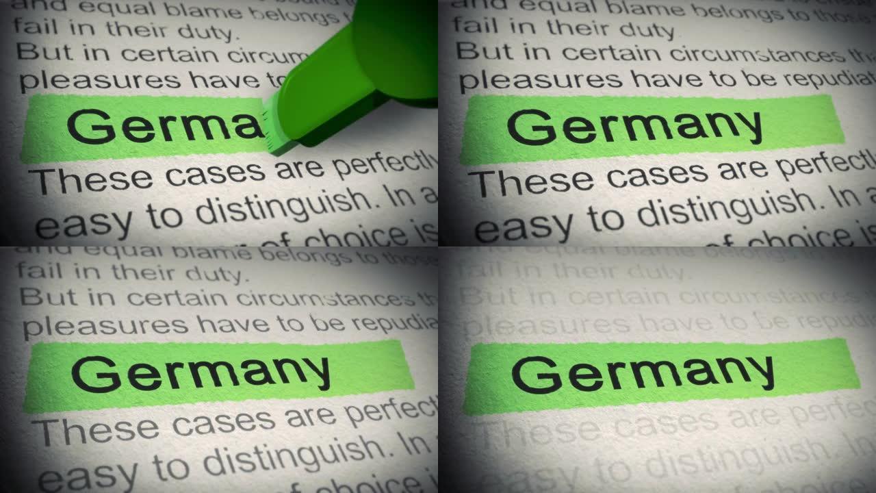 德国。荧光笔在报纸上标记单词。特写。用标记翻页和推广文本。4K