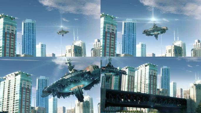 假外星飞船在芝加哥天际线周围飞行并为未来幻想或视频游戏背景打开bove the river的动画