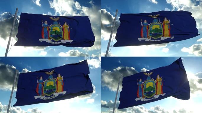 纽约的一面旗杆在风中飘扬，背景是蓝天。4 k