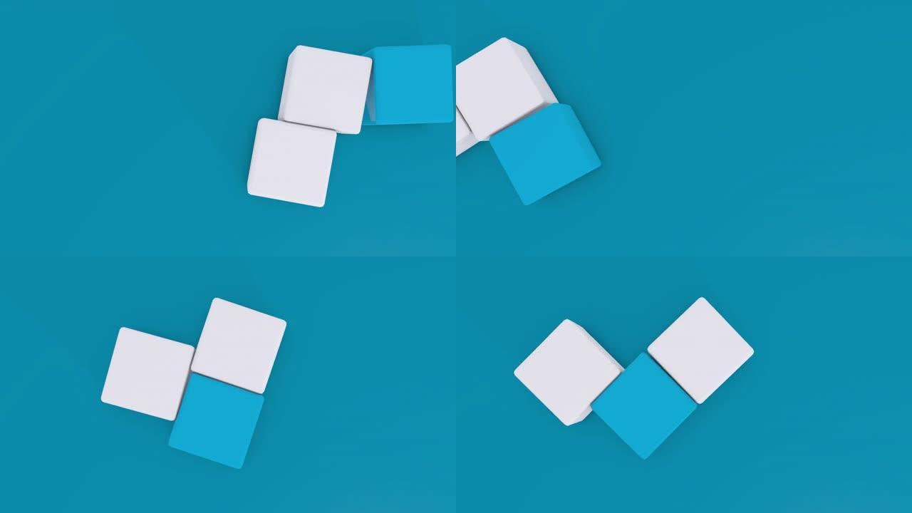 3d动画，蓝色背景上具有弹性效果的白色和蓝色立方体