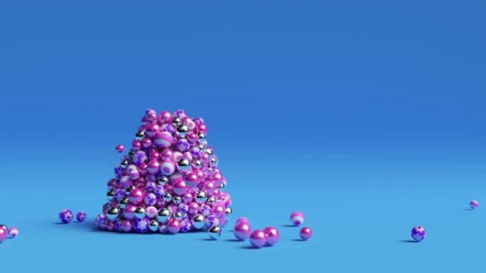 一棵圣诞树在明亮的彩色蓝色背景上动态生长。3d动画