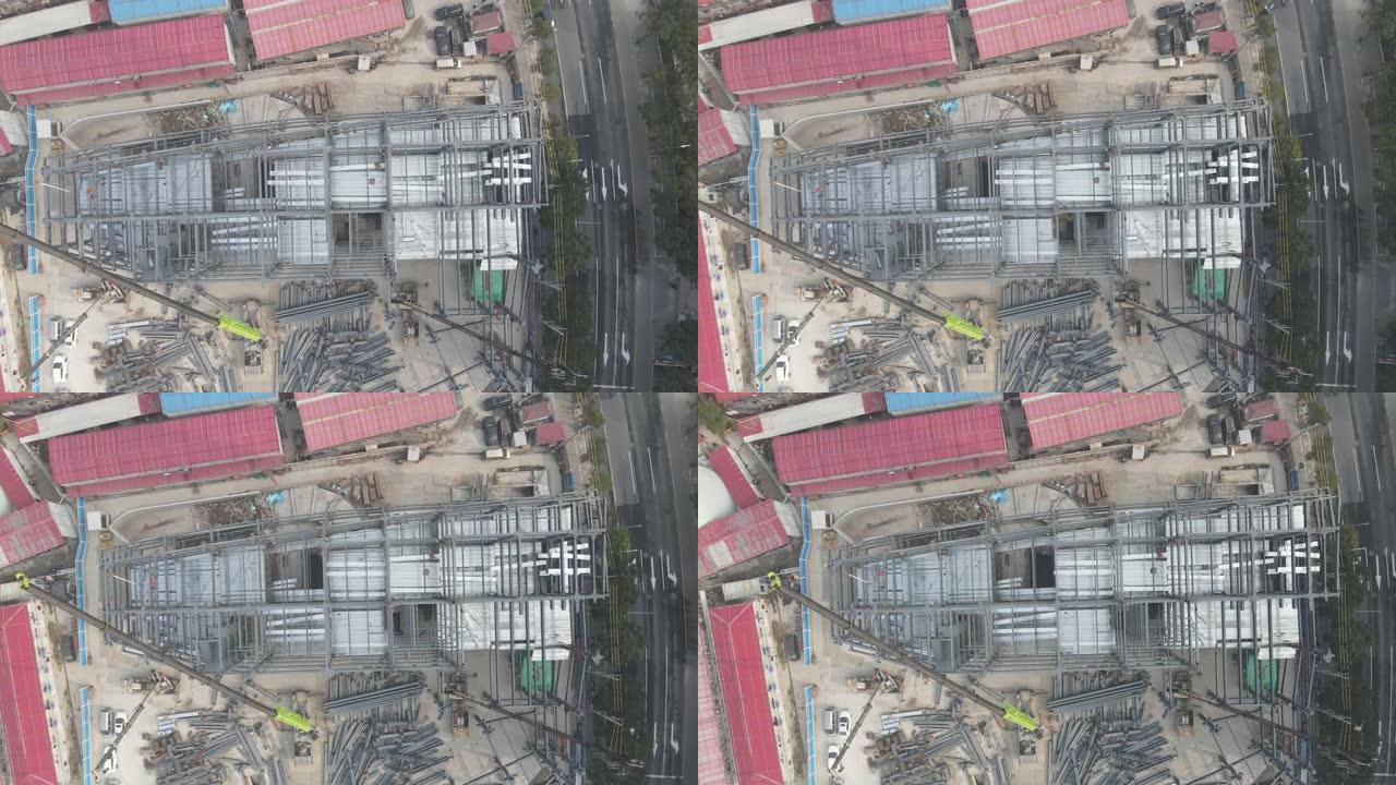 建筑工地俯视图建筑物和地面工人