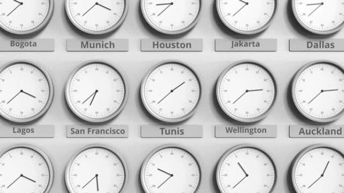 时钟显示突尼斯突尼斯不同时区的时间。3D动画