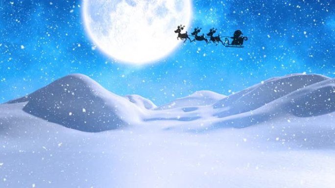 冬季降雪的数字动画和雪橇中圣诞老人的剪影