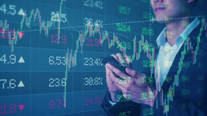 金融业务投资大数据解析人工智能技术商人手在手机上未来派烛台图形图表股票交易数据金融符号屏幕