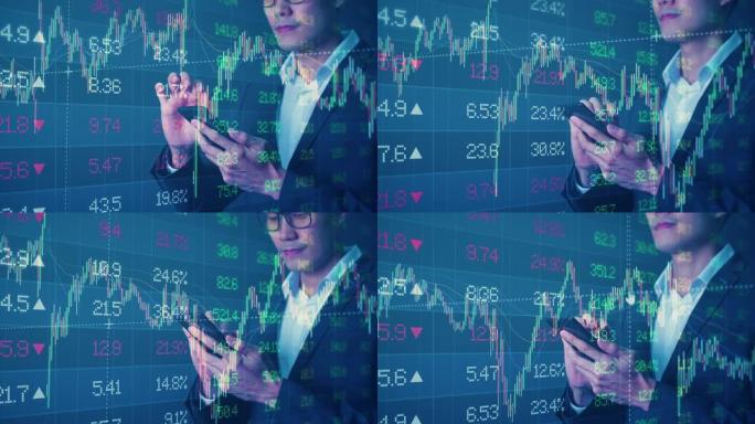 金融业务投资大数据解析人工智能技术商人手在手机上未来派烛台图形图表股票交易数据金融符号屏幕